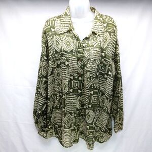 Newport News 3X Silk Geo Print Casual Button Down Shirt Green/ Cream Long Sleeve